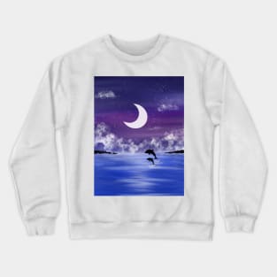 Night time seascape with jumping dolphins Crewneck Sweatshirt